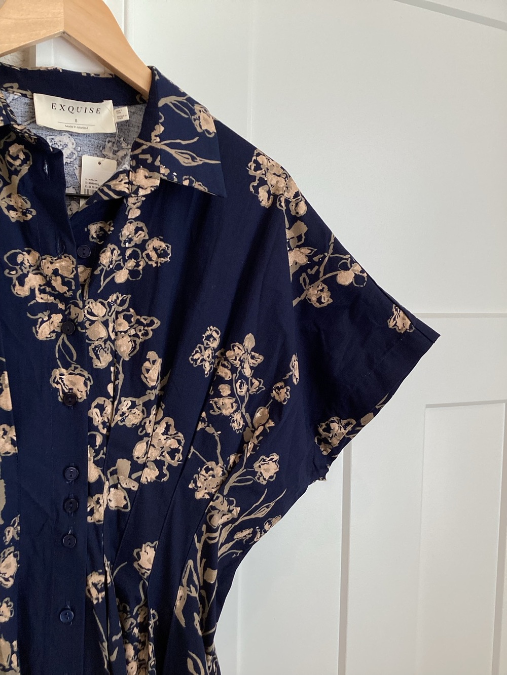 Exquise Tobie Short-Sleeve Midi Shirt Dress NEW Navy Blue Floral Anthropologie - Picture 6 of 15